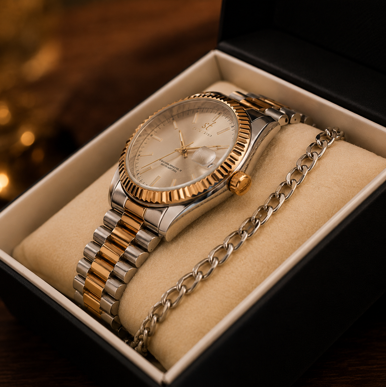 GMS Watches Classic Silver Gold | Çift Renk Çelik Kordon Erkek Kol Saati & Bileklik Seti