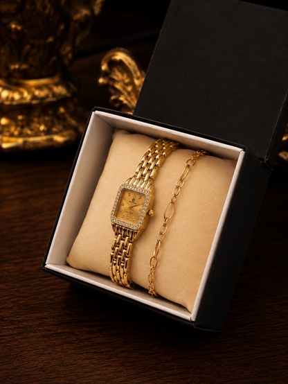 GMS Watches Diamond Gold Lady | Taş Detaylı Gold Kadın Kol Saati & Bileklik Seti