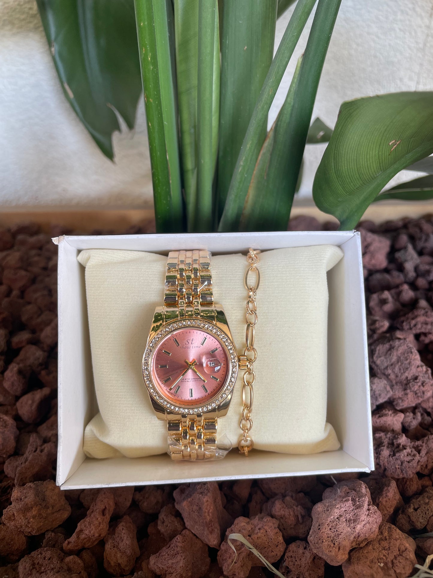 GMS Watches Rose Gold Elegance | Pembe Kadran Taş Detaylı Kadın Kol Saati & Bileklik Seti