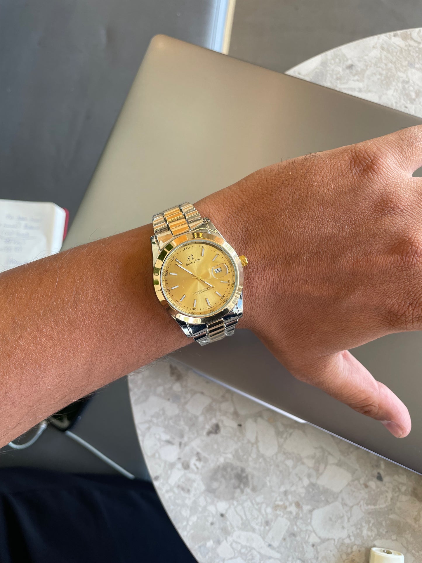 GMS Watches Golden Elite | Gold Kadran Çift Renk Çelik Kordon Erkek Kol Saati & Bileklik Seti