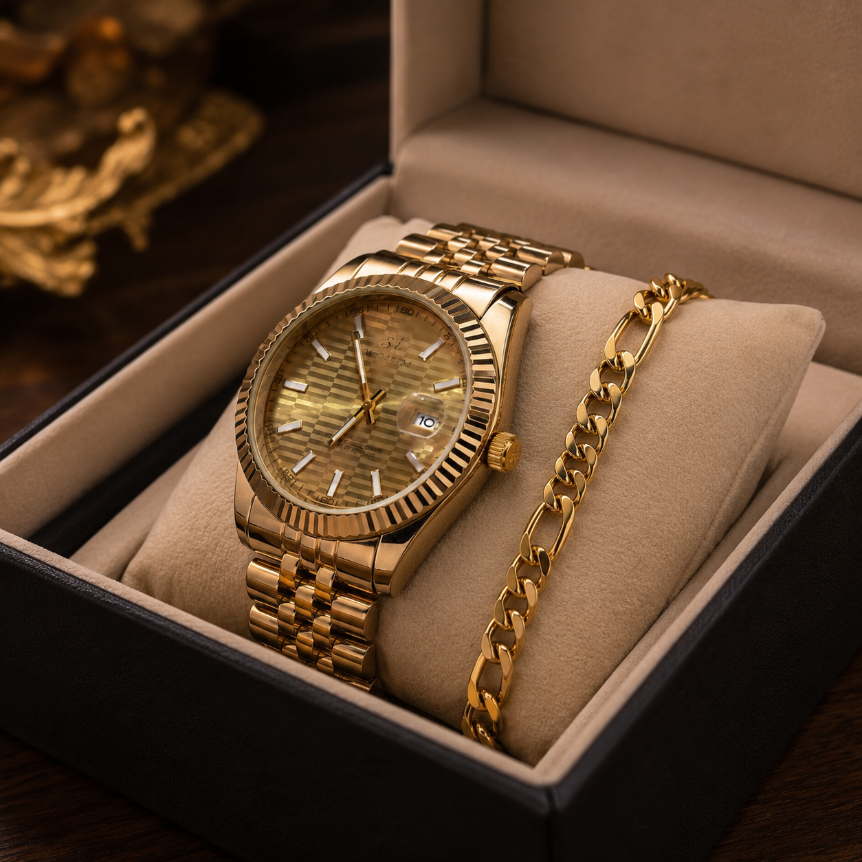 GMS Watches Gold Prestige | Çelik Kordon Lüks Erkek Kol Saati & Bileklik Seti