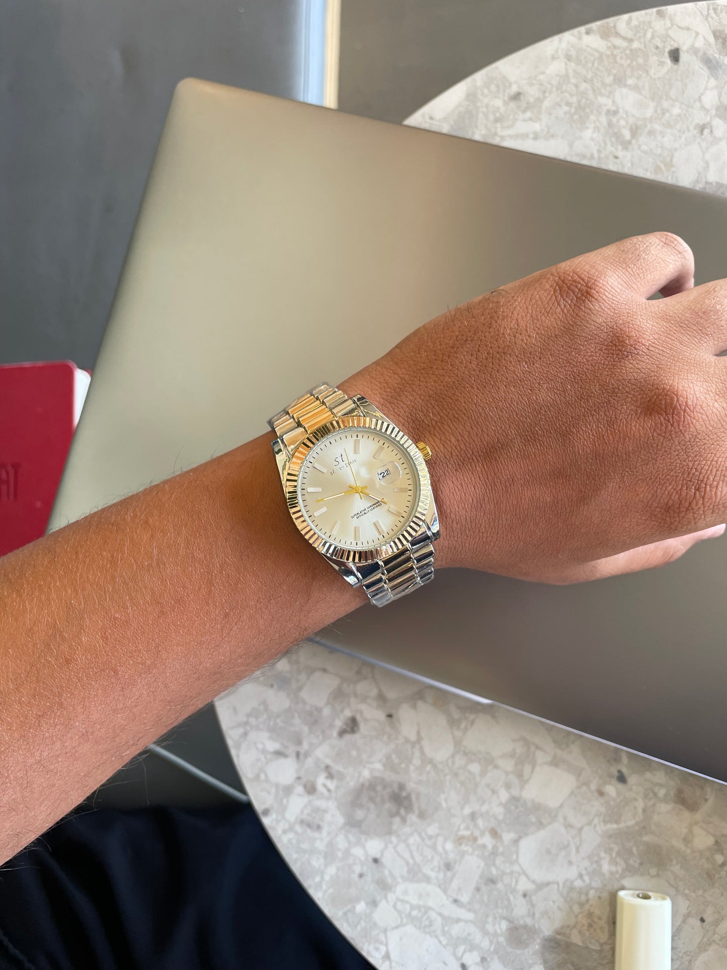 GMS Watches Classic Silver Gold | Çift Renk Çelik Kordon Erkek Kol Saati & Bileklik Seti