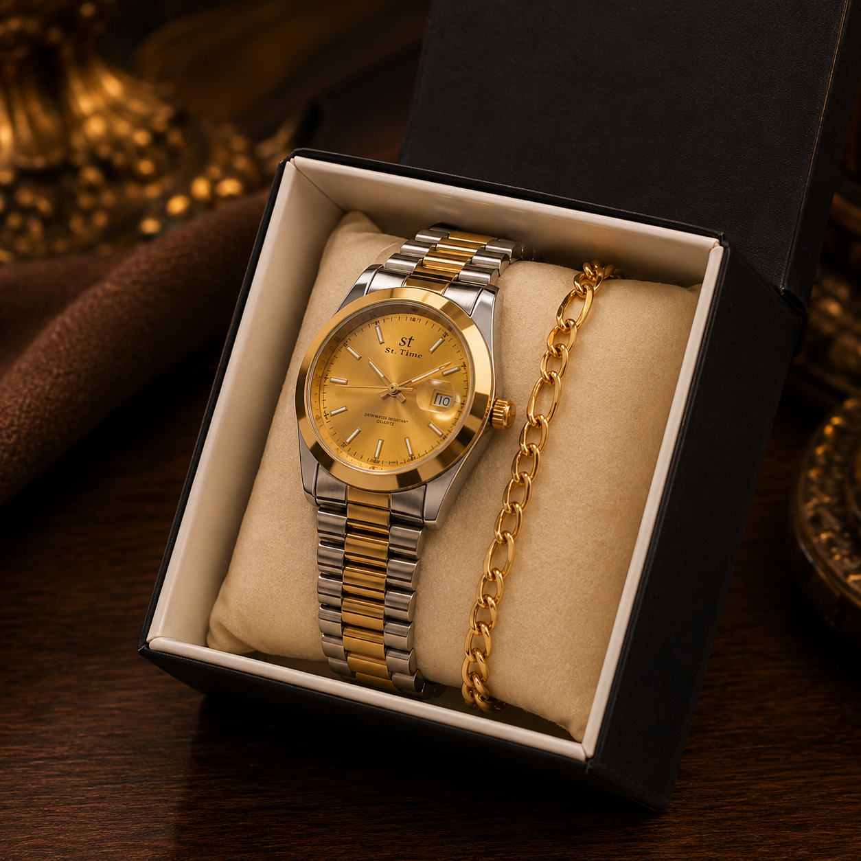 GMS Watches Golden Elite | Gold Kadran Çift Renk Çelik Kordon Erkek Kol Saati & Bileklik Seti