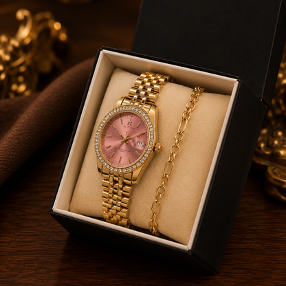 GMS Watches Rose Gold Elegance | Pembe Kadran Taş Detaylı Kadın Kol Saati & Bileklik Seti