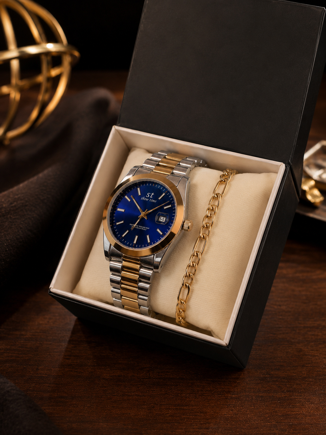 GMS Watches Royal Blue | Çift Renk Çelik Kordon Erkek Kol Saati & Gold Bileklik Seti