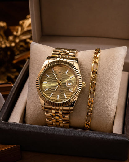 GMS Watches Gold Prestige | Çelik Kordon Lüks Erkek Kol Saati & Bileklik Seti