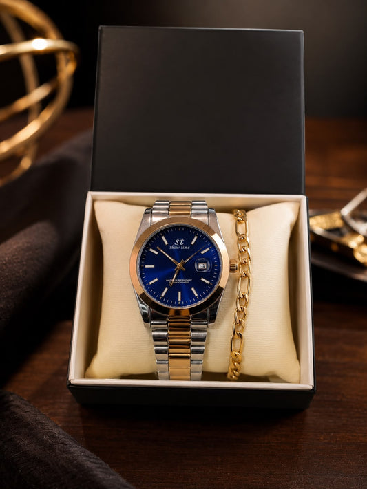 GMS Watches Royal Blue | Çift Renk Çelik Kordon Erkek Kol Saati & Gold Bileklik Seti