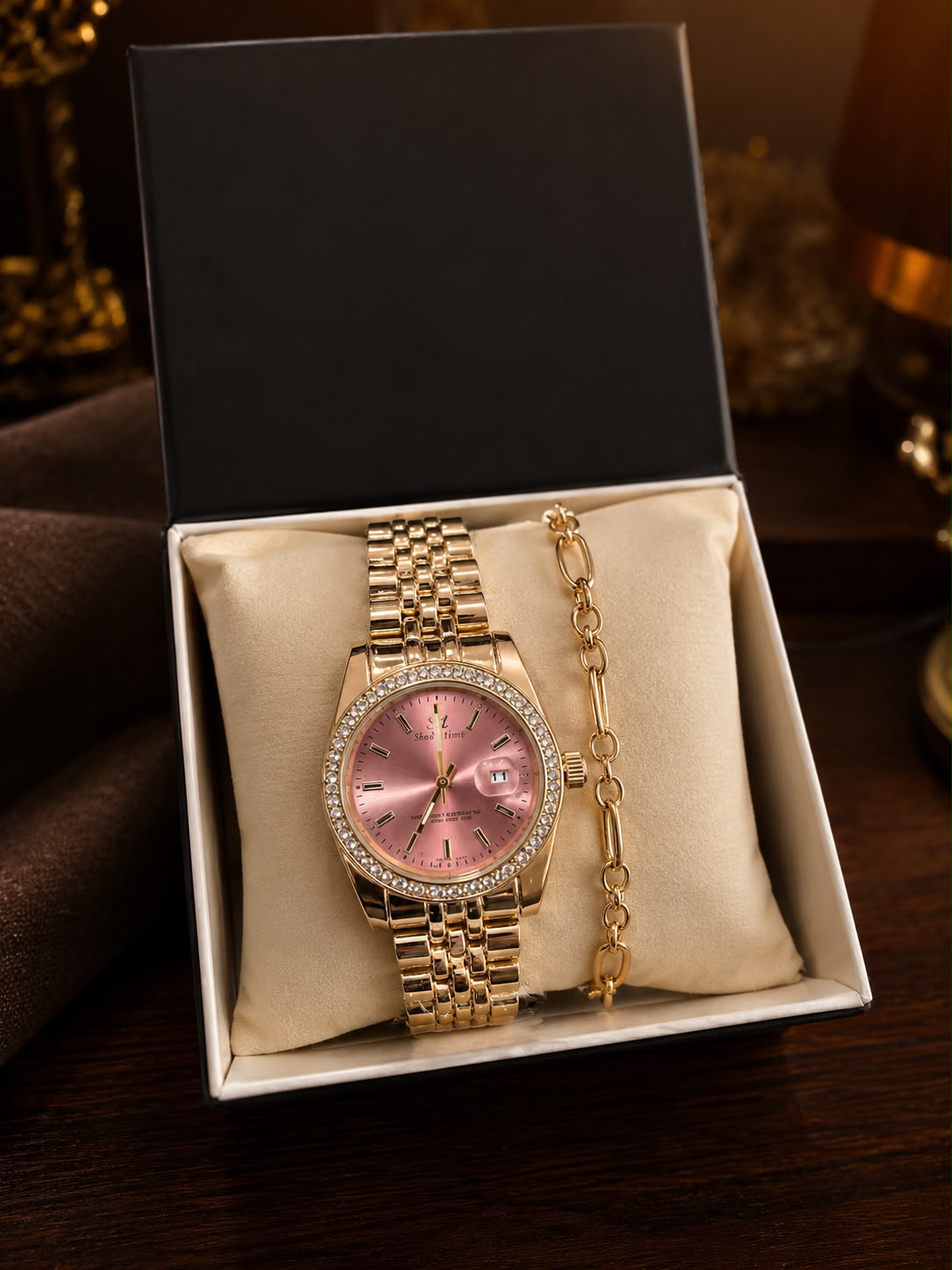 GMS Watches Rose Gold Elegance | Pembe Kadran Taş Detaylı Kadın Kol Saati & Bileklik Seti