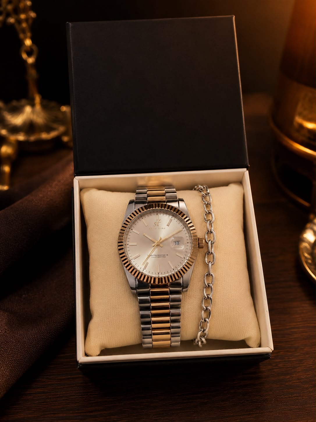GMS Watches Classic Silver Gold | Çift Renk Çelik Kordon Erkek Kol Saati & Bileklik Seti