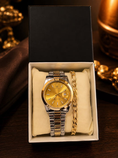 GMS Watches Golden Elite | Gold Kadran Çift Renk Çelik Kordon Erkek Kol Saati & Bileklik Seti