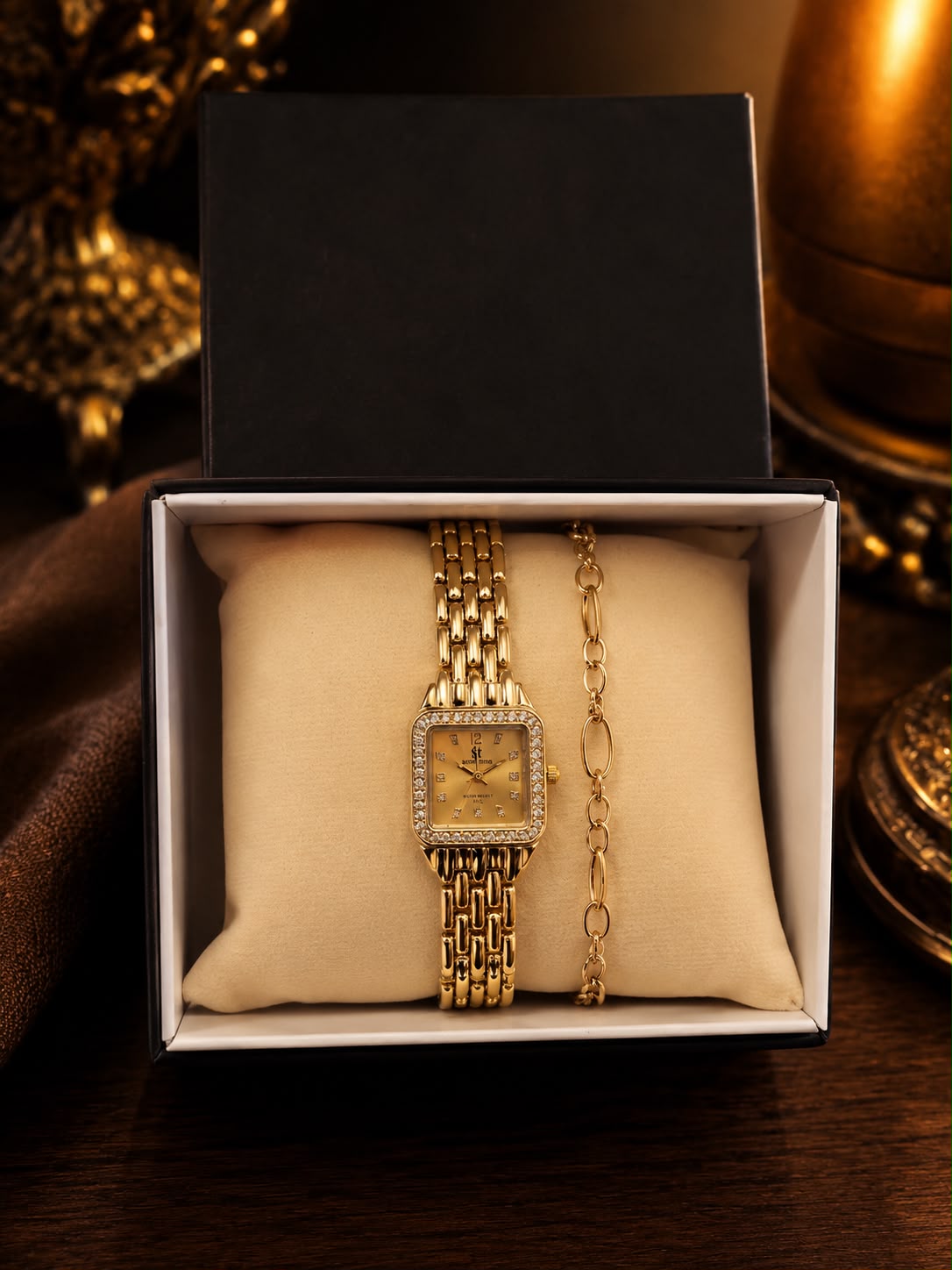 GMS Watches Diamond Gold Lady | Taş Detaylı Gold Kadın Kol Saati & Bileklik Seti