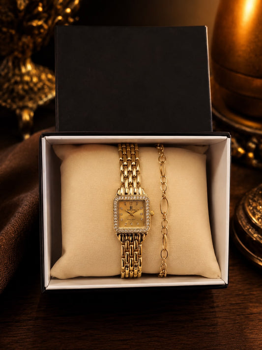 GMS Watches Diamond Gold Lady | Taş Detaylı Gold Kadın Kol Saati & Bileklik Seti